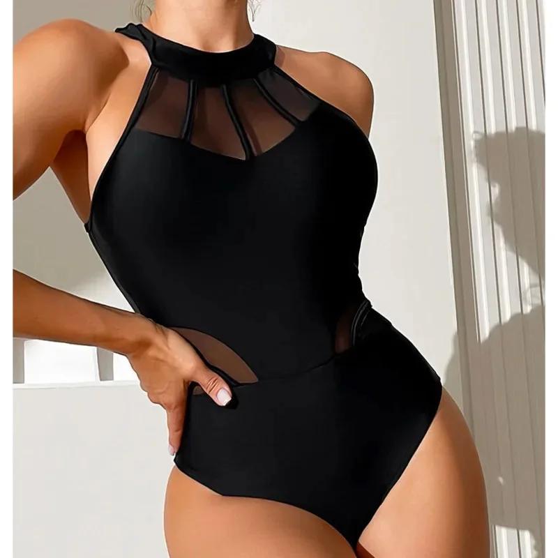 Maillot de bain une pièce noir grande taille, filet, push-up, pour la plage, la piscine, pour baigne