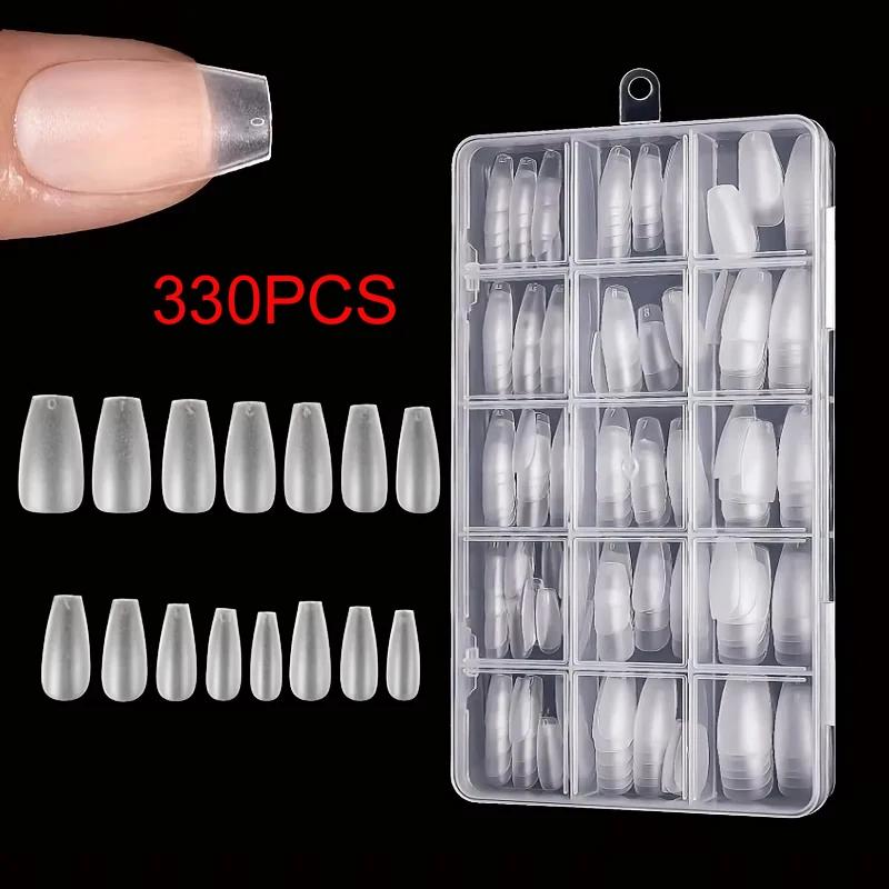 Boîte de 330 pointes d'ongles courtes en amande – Autocollants pour ongles en gel mat améliorés, san