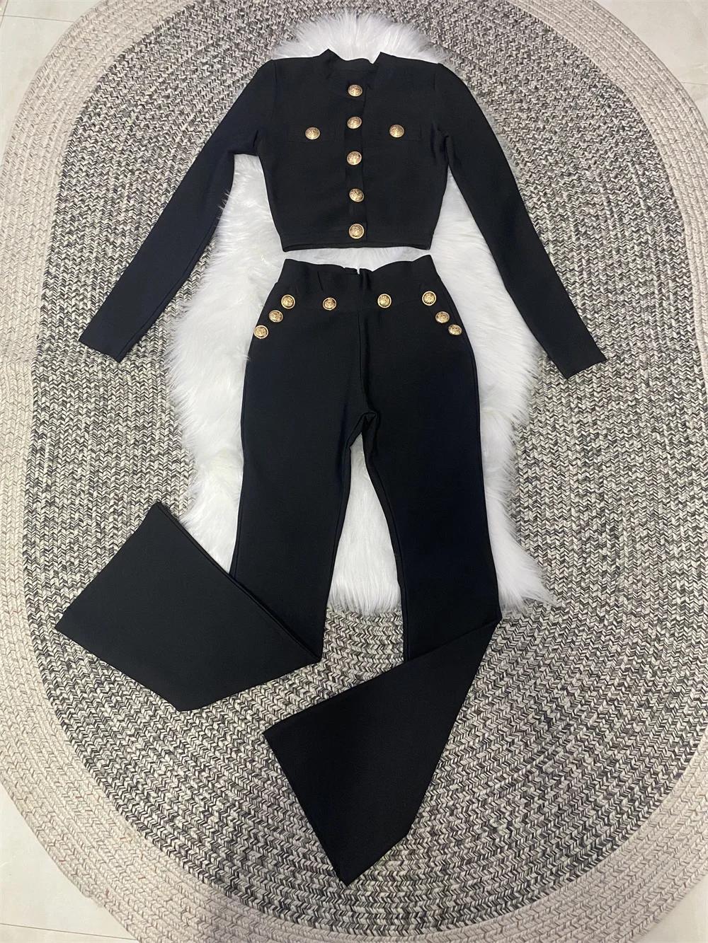 Nouveau Style d'automne couleur noire femmes à manches longues bouton rayonne Bandage manteau pantal