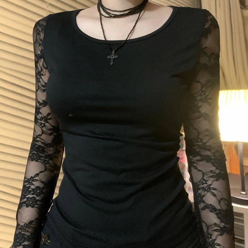 SUCHCUTE noir gothique T-shirt pour femmes Sexy Club dentelle Semi-transparent à manches longues cul