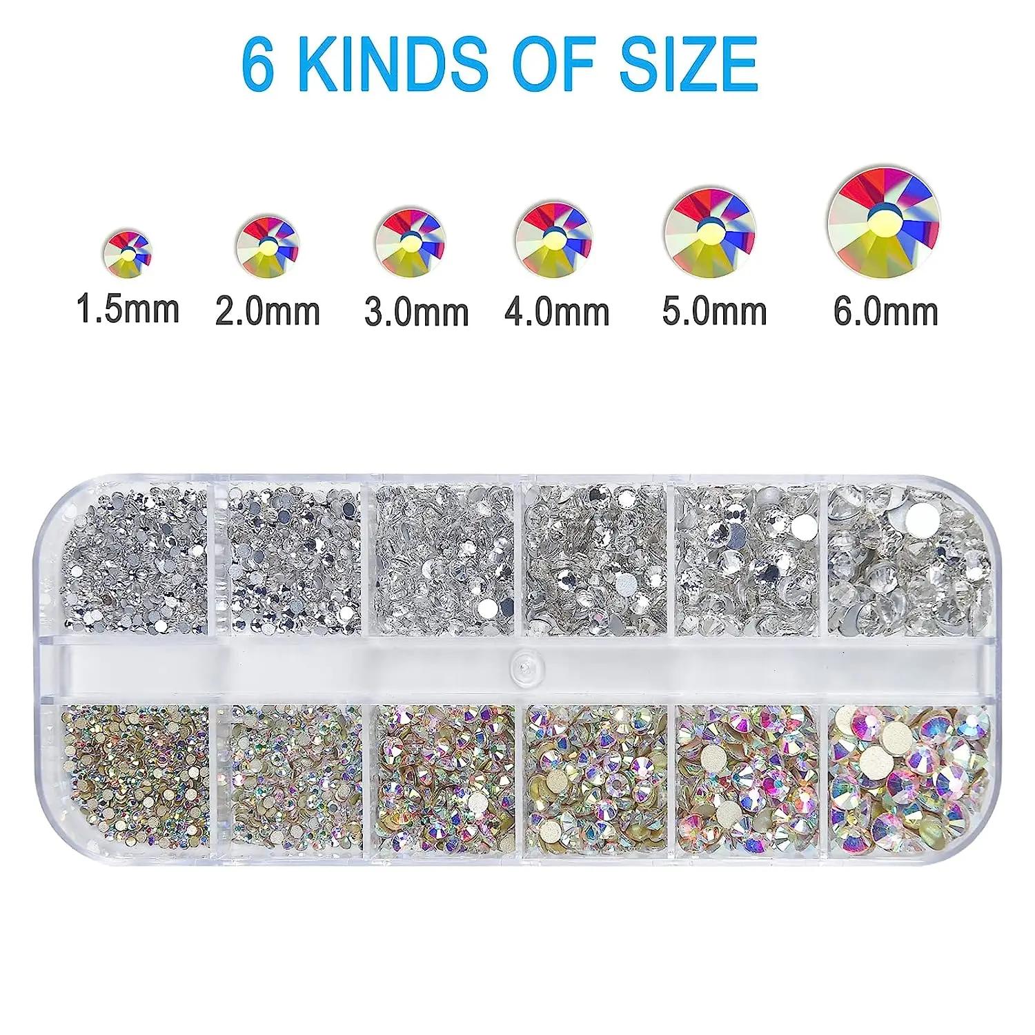Kit de strass pour Nail Art, pierres précieuses en verre AB à dos plat, avec 1 boîte d'organisation 
