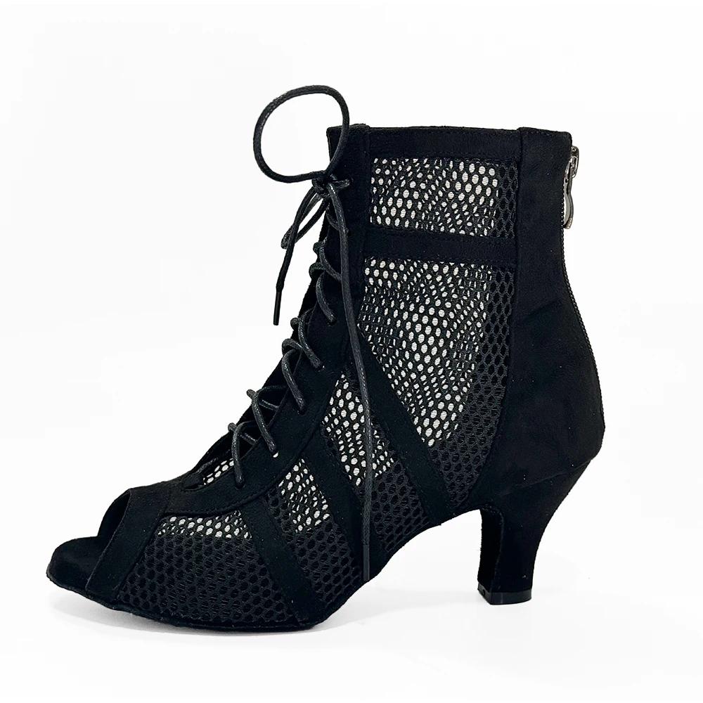 Bottines de danse salsa femmes cuir suédé noir - Fermeture éclair avec talons 8.5cm 7.5cm 6cm QT-006