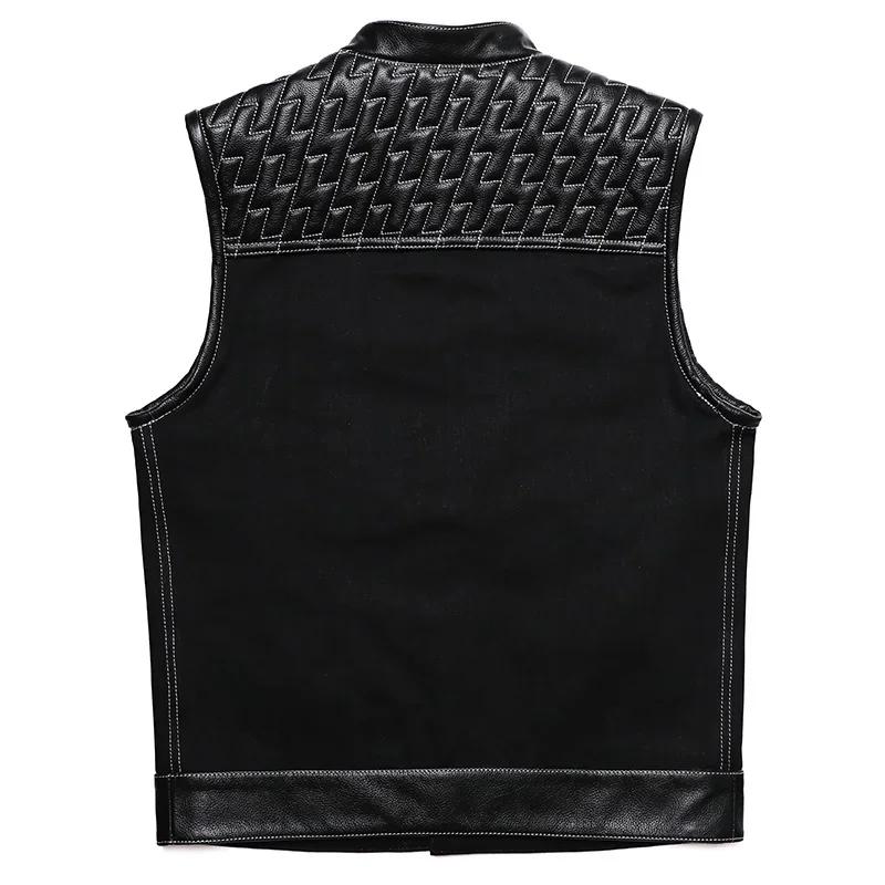 SOA-Gilet de motard en cuir de vachette pour homme, veste en cuir de moto, veste en jean patchwork, 