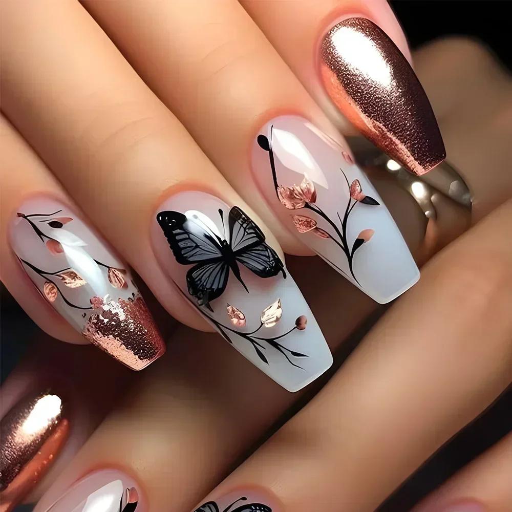 Faux ongles de Ballet en forme d'échelle, 24 pièces, avec bande de colle, Nail Art Floral ombré, pre