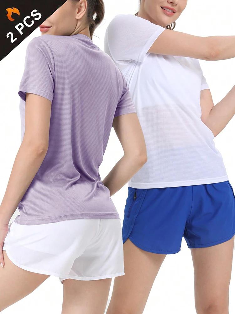 T-Shirt de Sport ultraléger à séchage rapide pour femmes, 2 pièces, couleur unie, haut léger et resp