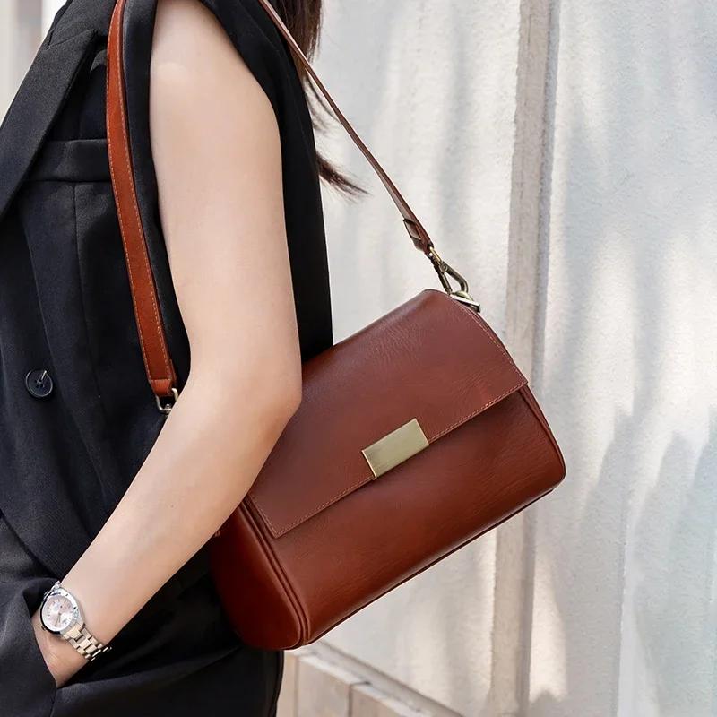 Sac à bandoulière en cuir de vache véritable pour femmes, sac à bandoulière rétro polyvalent pour da
