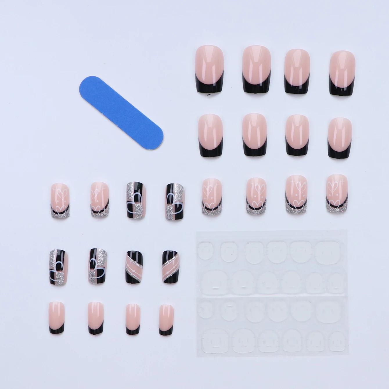 CuemployPusher-Faux ongles à paillettes argentées carrées noires, poignées amovibles et réutilisable