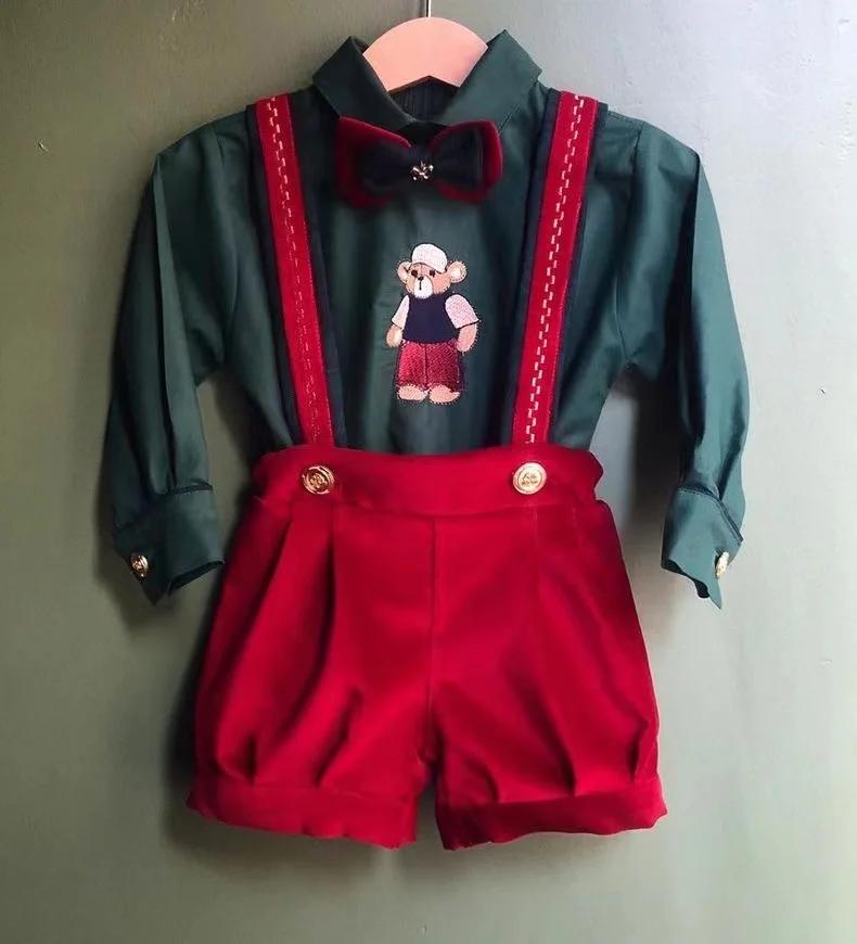 Ensemble bébé garçon automne hiver velours rouge ours vert broderie Vintage pour Eid casual C138
