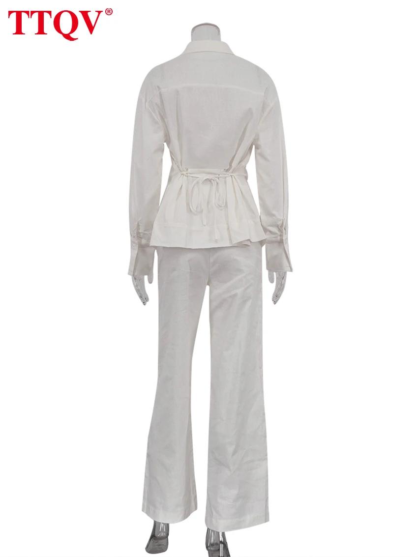 TTQV – ensemble deux pièces en lin blanc pour femmes, ample, élégant, chemise à manches longues avec