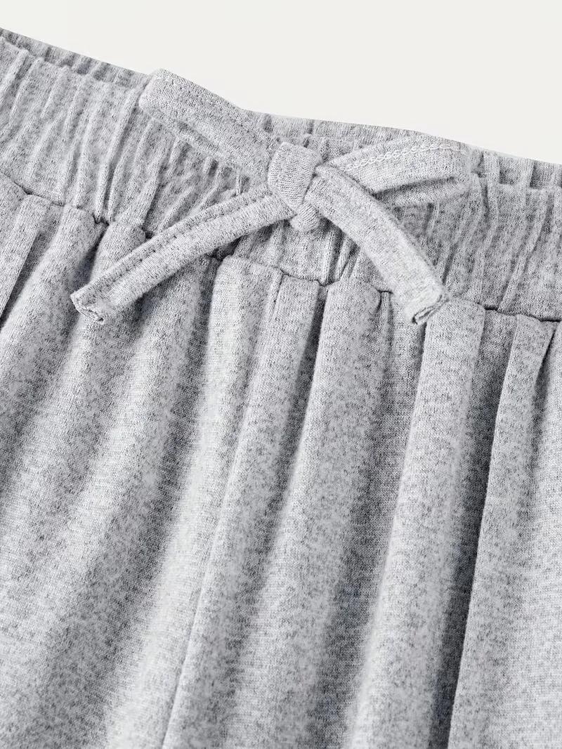 Ensemble 2 pièces en tricot gris pour filles – Haut court froncé à boutons sur le devant et pantalon