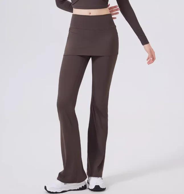 Pantalon faux deux pièces à taille haute légèrement évasé avec jupe intégrée pour femmes, idéal pour