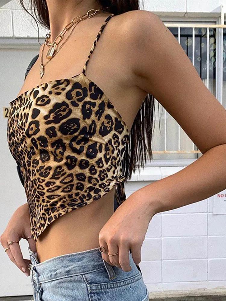 Débardeur à motif léopard pour femmes, dos nu, Sexy, tenues Rave, sans manches, croisé, à lacets, Br
