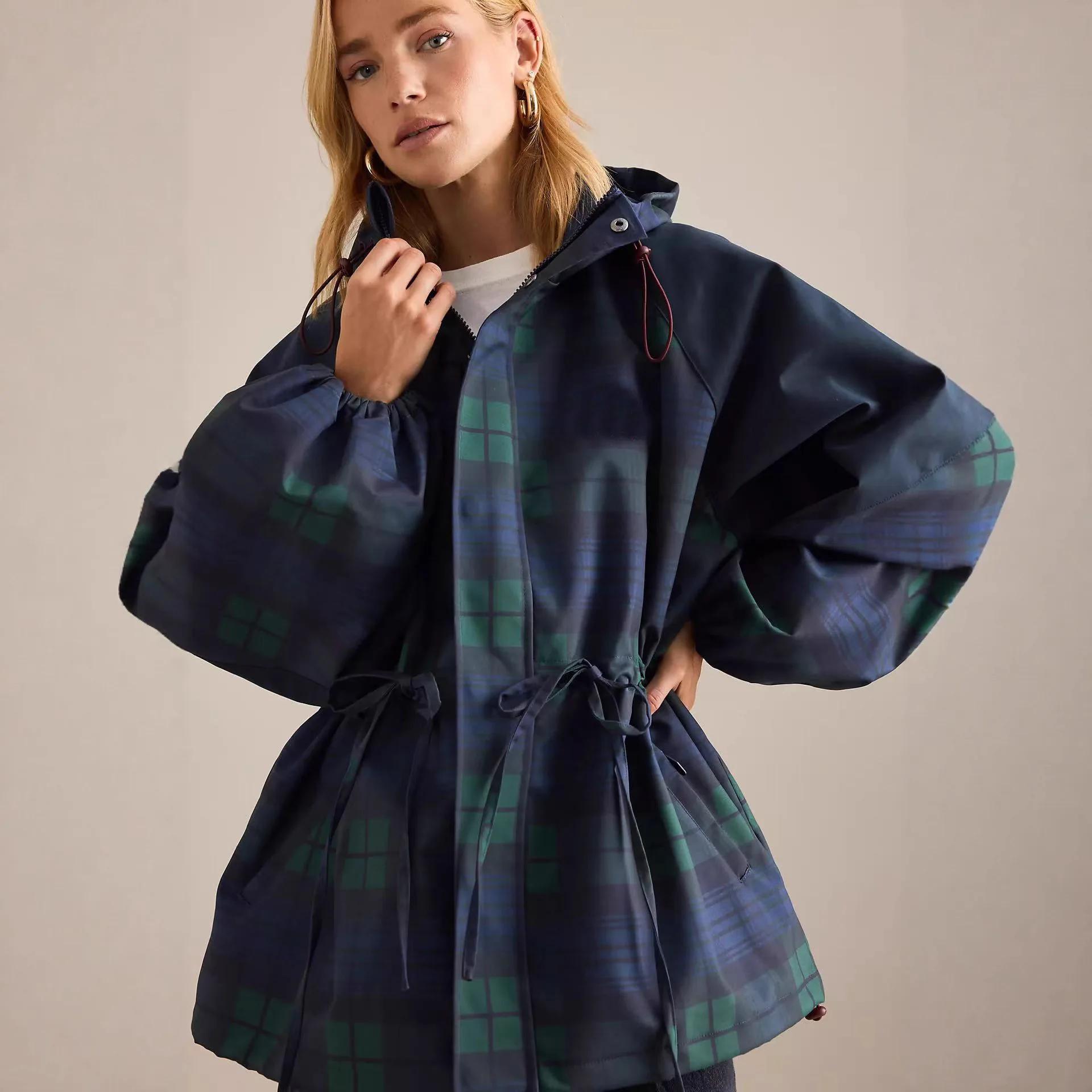 Veste rétro à carreaux pour femme, col montant, cordon de serrage à la taille, coupe-vent court à ca