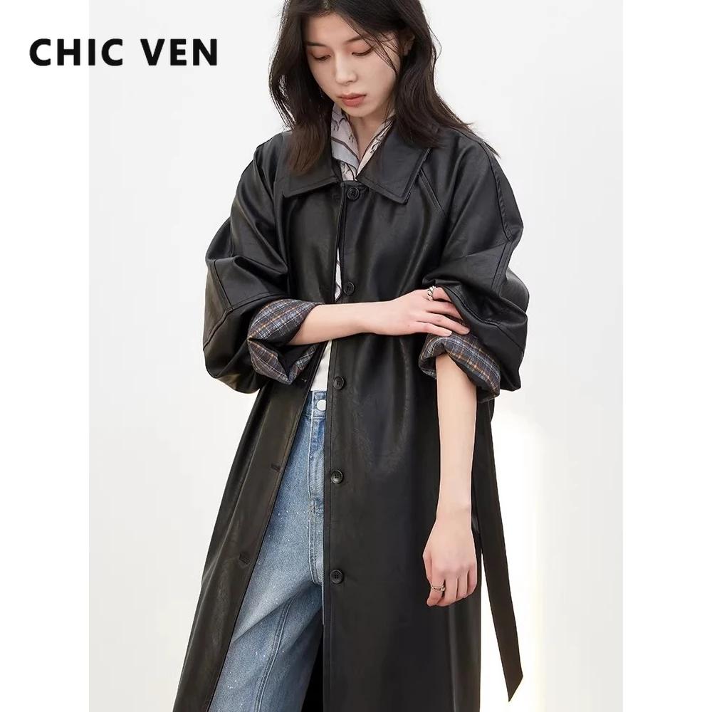 Manteau long en PU pour femme CHIC VEN, nouveau modèle décontracté avec ceinture, en similicuir, cou