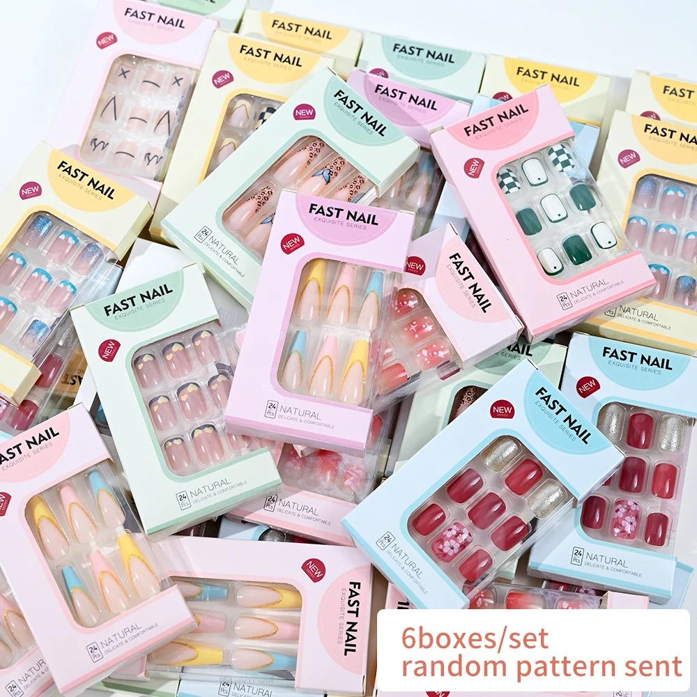 6 boîtes/ensemble court carré faux ongles amour design presse sur ongles Style mixte motif aléatoire