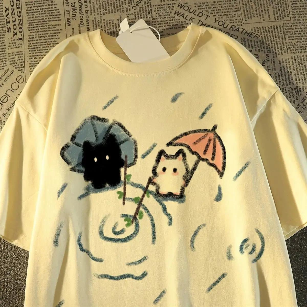 T-shirt à manches courtes avec un joli motif de chat japonais noir et blanc, haut d'été à manches co