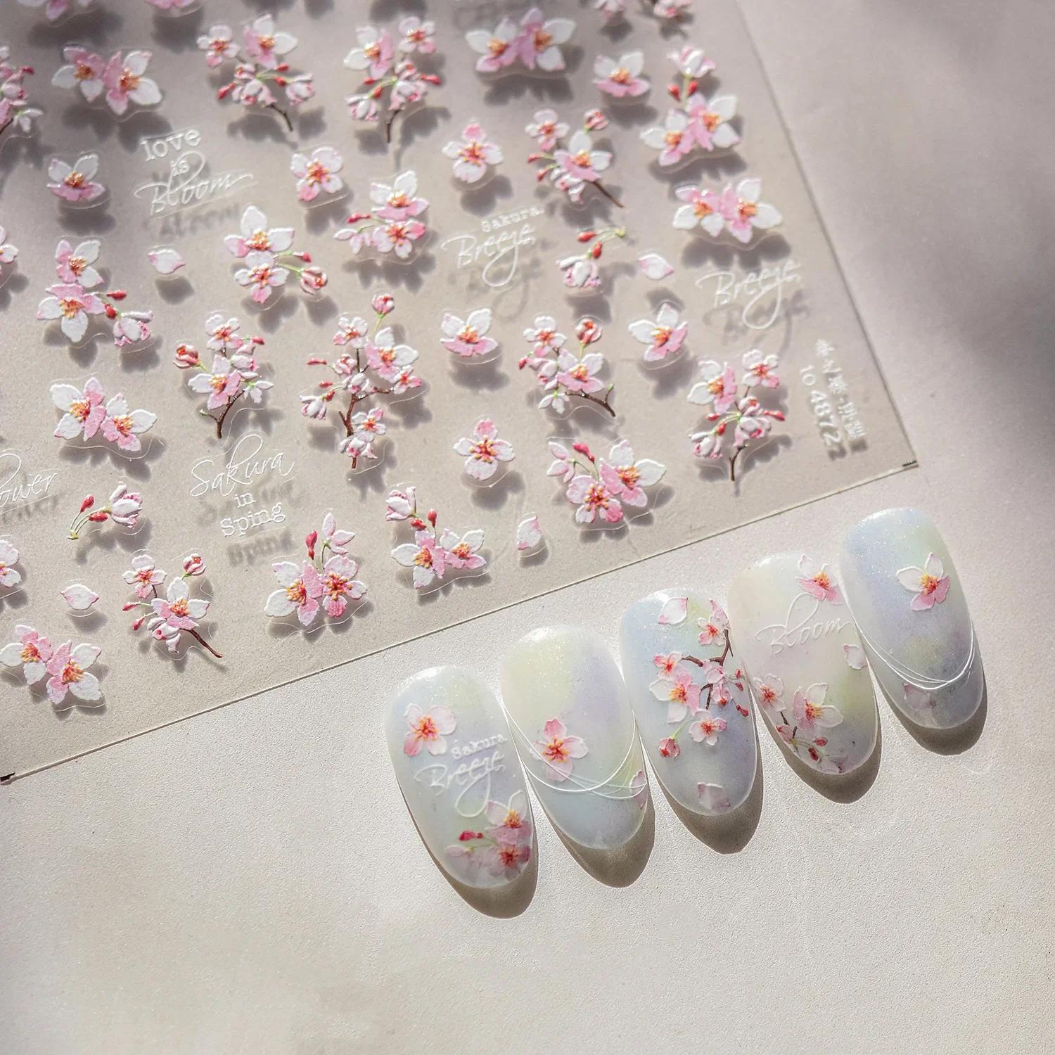 Autocollants 5D en relief pour ongles, motif fleur de cerisier, auto-adhésifs, pour manucure DIY, co