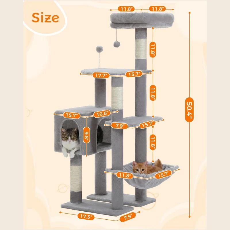 Grand condo pour chats d'intérieur, arbre à chat avec hamac, griffoirs, 2 perchoirs