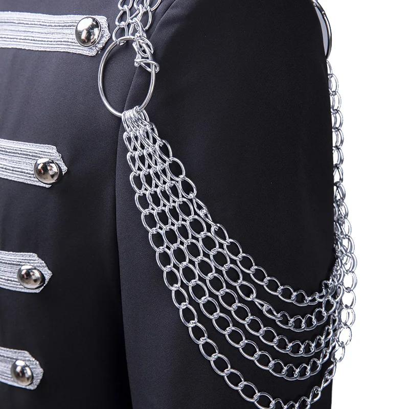 Blazer militaire noir avec chaîne argentée pour hommes, veste de spectacle de magicien pour chanteur