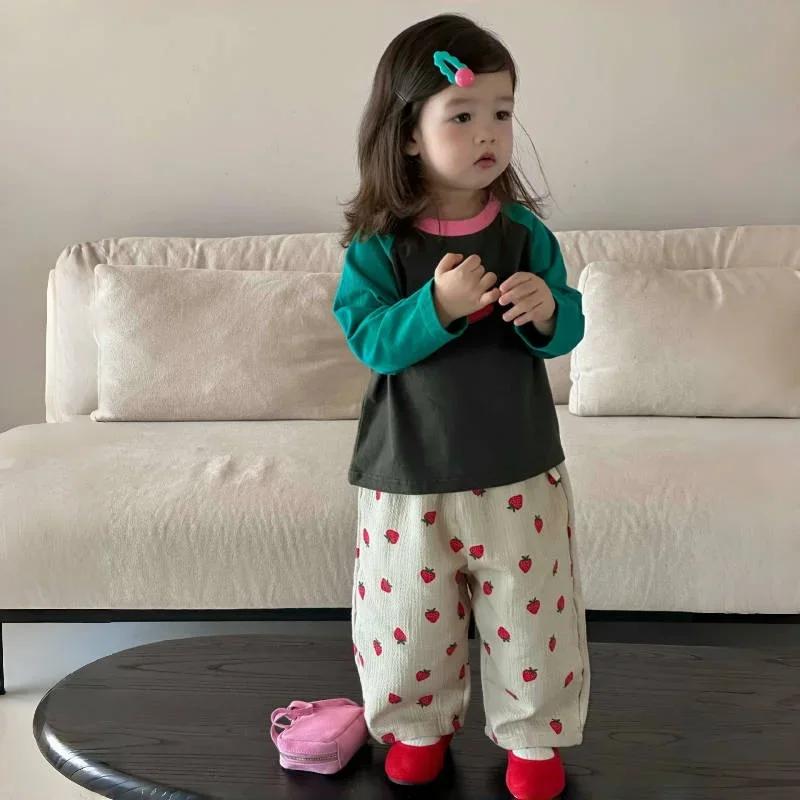 Pantalon d'automne pour fille, imprimé fraise, taille élastique, abricot, Long, décontracté, pour en