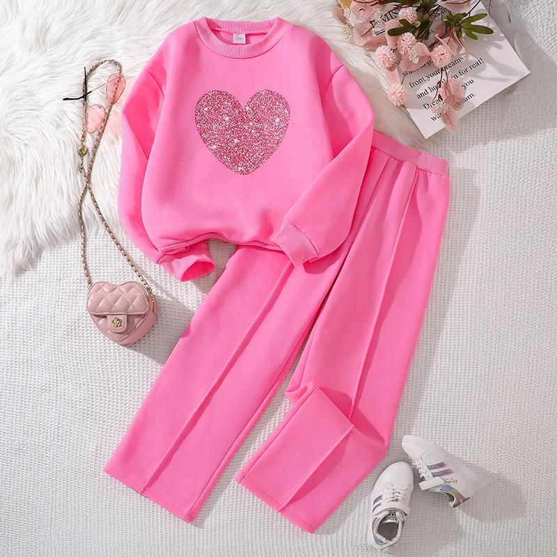Ensemble de vêtements chauds pour enfants, couleur unie, imprimé cœur, haut et pantalon, sport décon