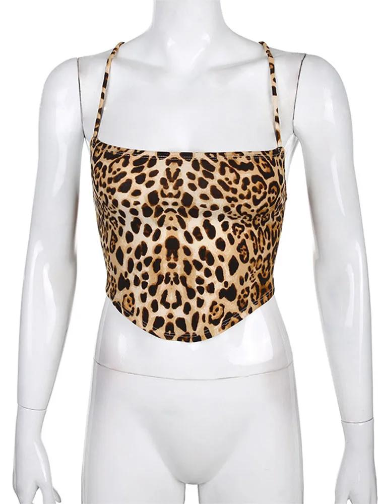 Débardeur à motif léopard pour femmes, dos nu, Sexy, tenues Rave, sans manches, croisé, à lacets, Br