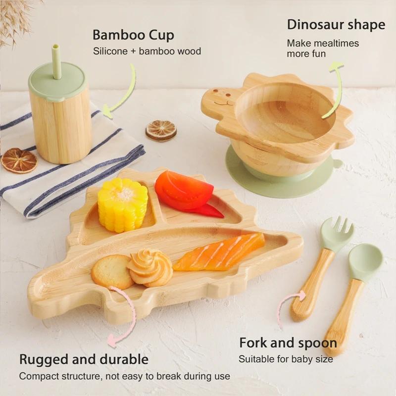 Filles d'Alimentation en Bois de Bambou avec Ventouse en Silicone pour Bébé, Dinosaure de Dessin Ani