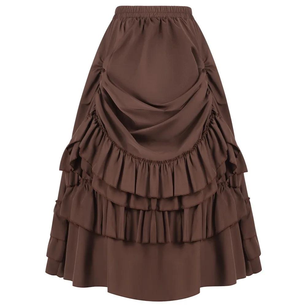 Jupe victorienne longue taille haute à volants marron, jupes Steampunk, tenue de fête pour femmes, v