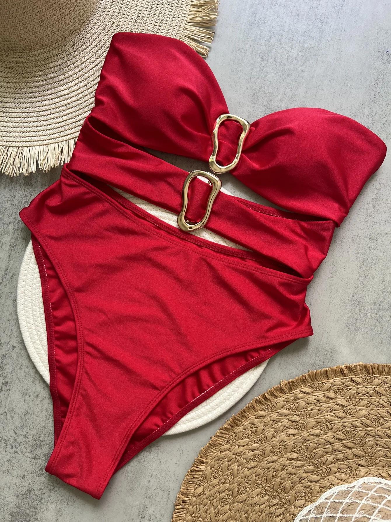3 couleurs Sexy anneaux en métal découpé femmes maillots de bain une pièce maillot de bain femme Ban