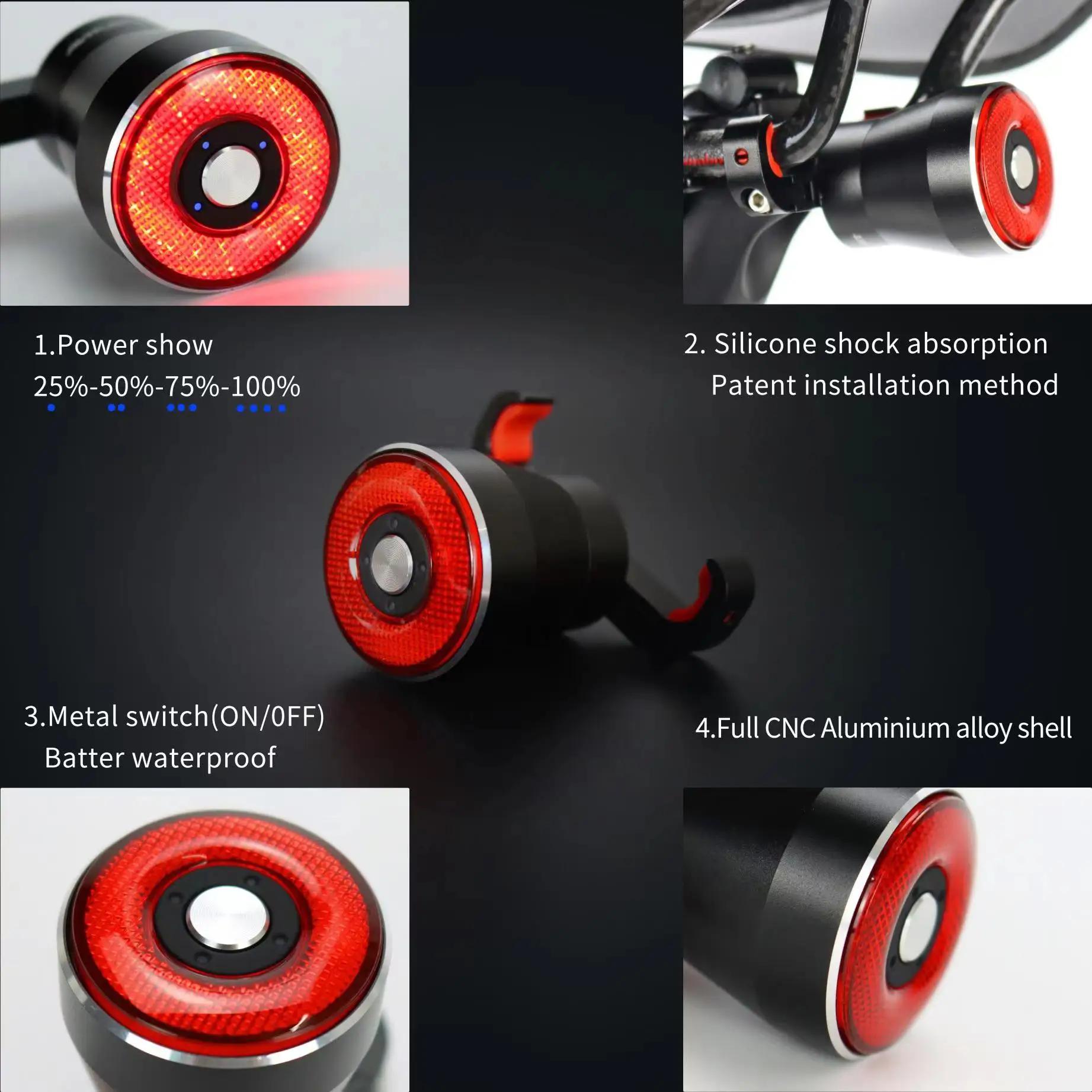 Feu arrière de vélo intelligent avec détection de freinage automatique, étanche IPx6, charge LED, fe