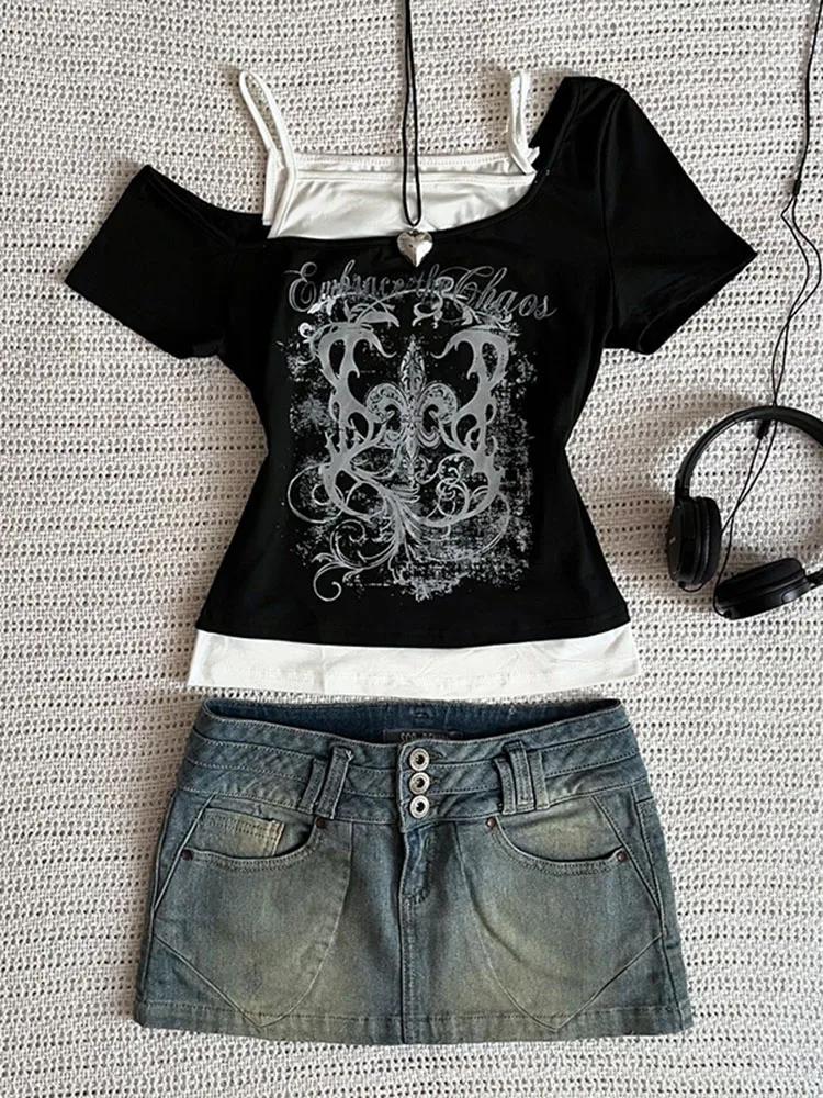 T-Shirt Punk Vintage des années 90 pour femmes, Streetwear d'été, Sexy, manches courtes, gothique, S