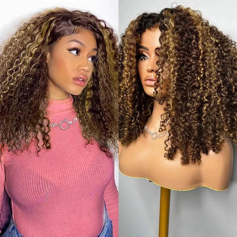 Perruque Bob Ombrée Highlight en Cheveux Humains, Perruque Courte Bouclée Blonde Miel avec Fermeture