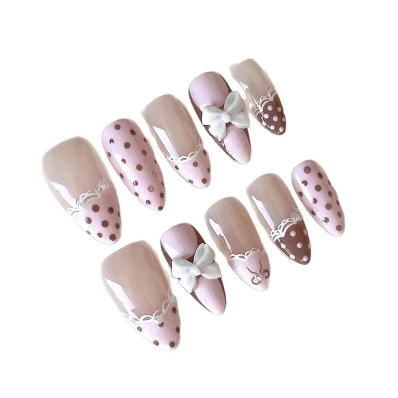 24 faux ongles en gel press-on rose bonbon, pois marrons, nœud papillon blanc 3D, faux ongles pour f