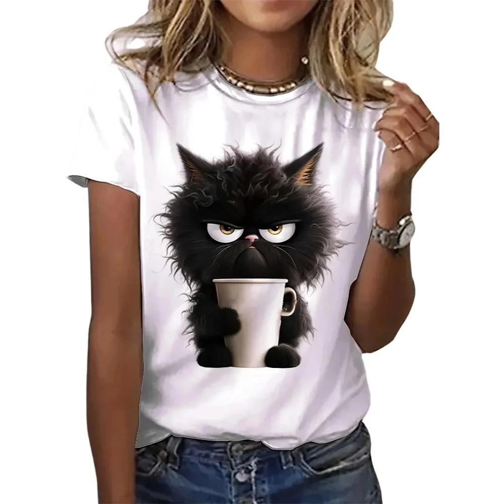T-shirt manches courtes col rond femme, estival et décontracté, avec chat drôle, blanc imprimé