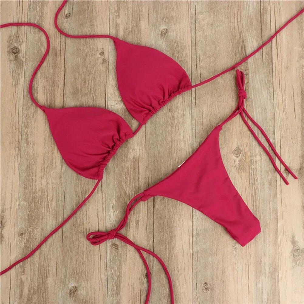 Maillot de bain à lacets pour femmes, couleur unie, Style col suspendu, Triangle réglable, Sexy, pla