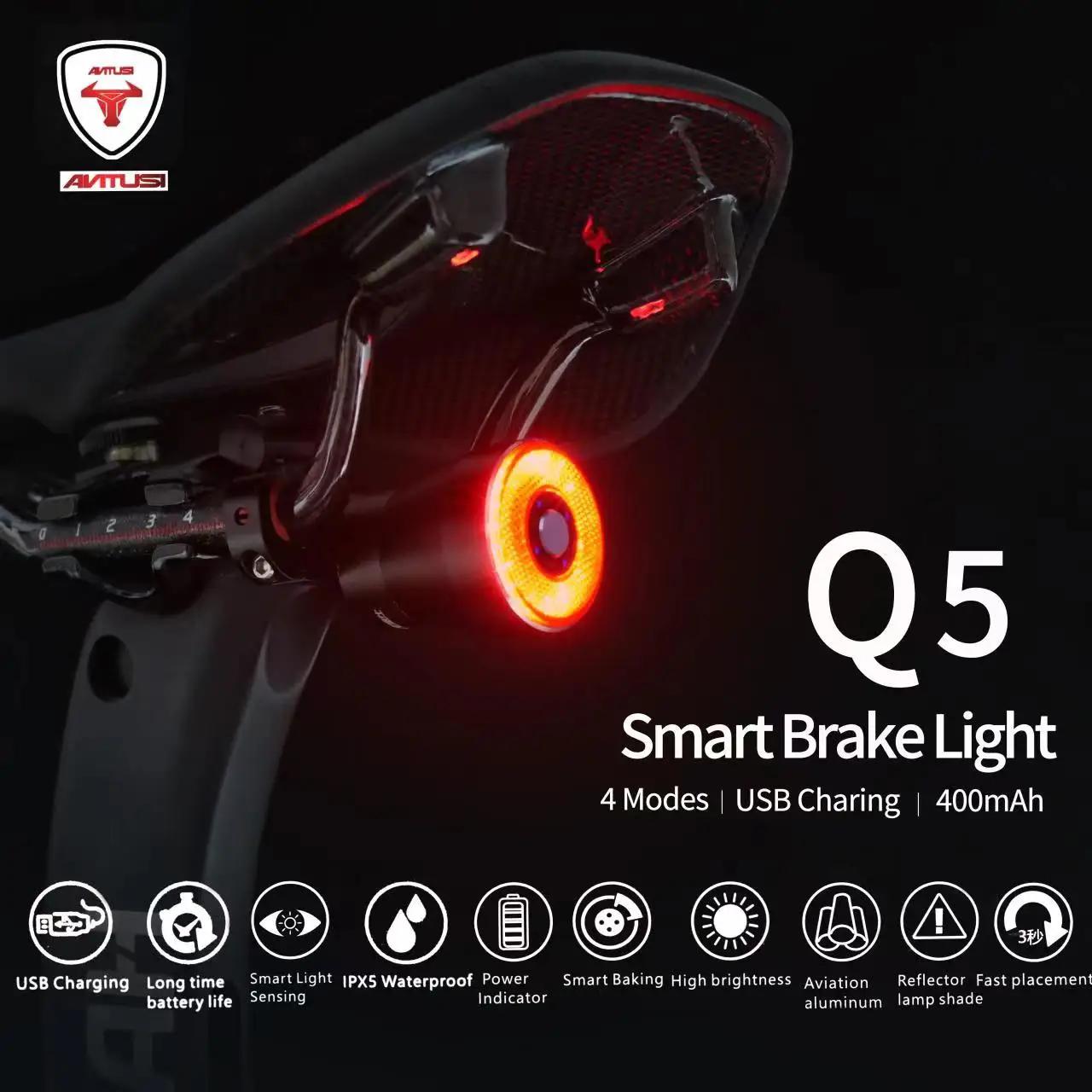 Feu arrière de vélo intelligent avec détection de freinage automatique, étanche IPx6, charge LED, fe