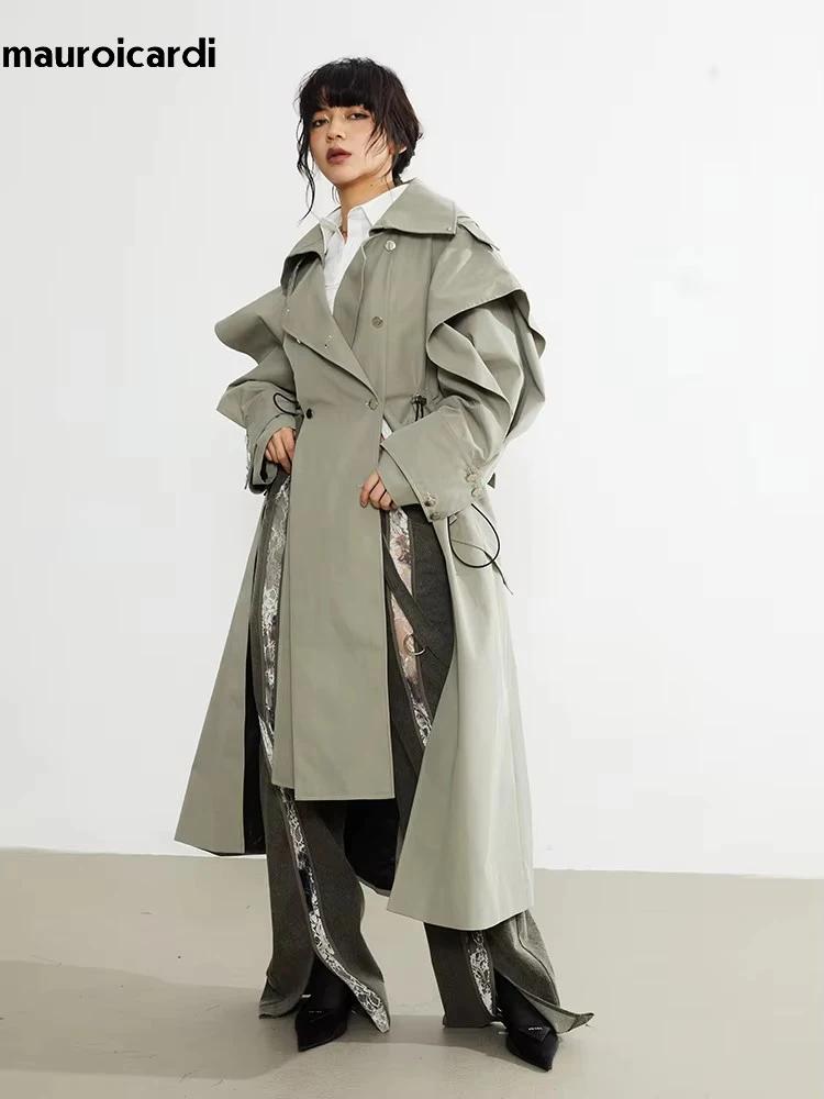 Mauroicardi-Manteau long à double boutonnage pour femme, pardessus élégant à volants, mode de piste,