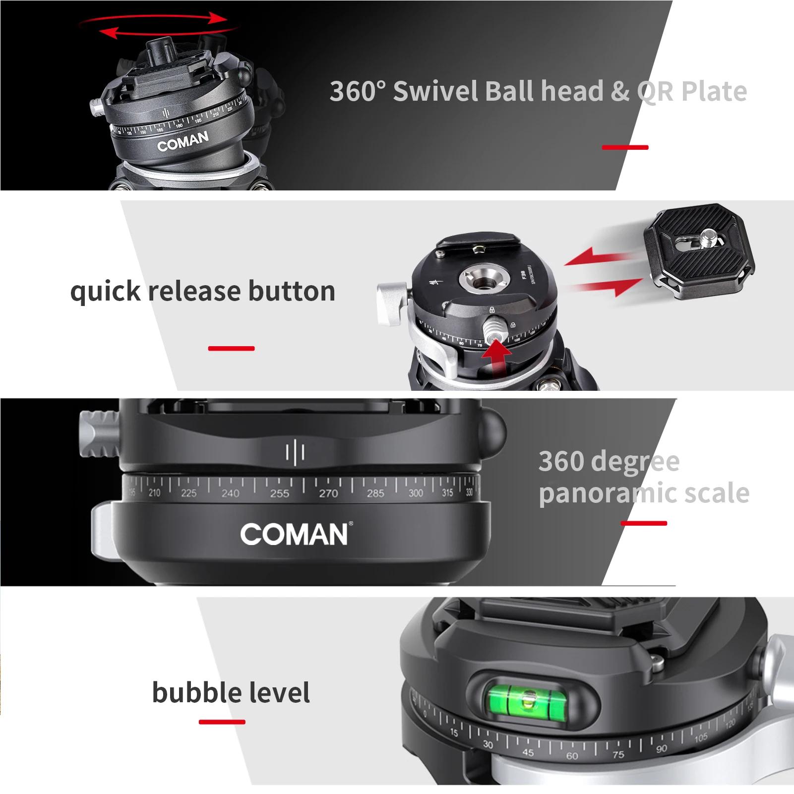 Trépied en fibre de carbone COMAN Zero F38 Travel avec rotation à 360° °   Tête sphérique panoramiqu