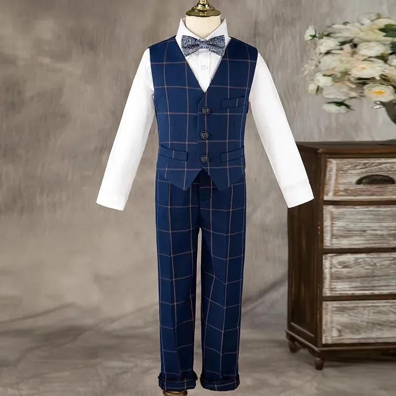 Costume formel à carreaux pour garçons, 3 pièces, smoking de mariage pour enfants, pour hôte, specta