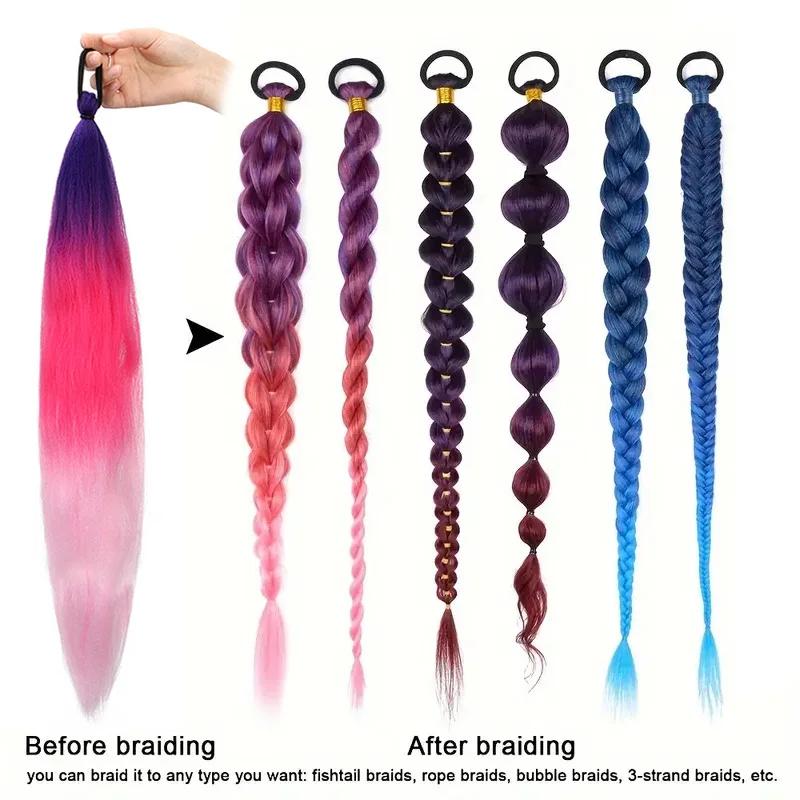 26 pouces synthétique longue queue de cheval droite avec cheveux élastiques tressage coloré queue de