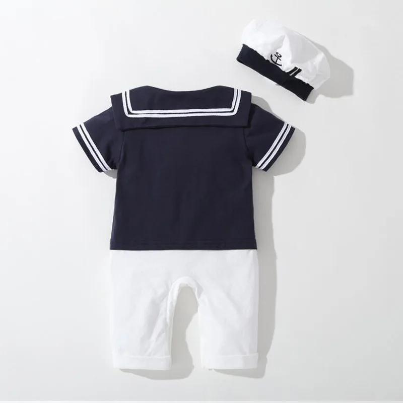 Barboteuse d'été pour bébés garçons et filles, combinaison de marin, chapeau, 2 pièces, Body manches
