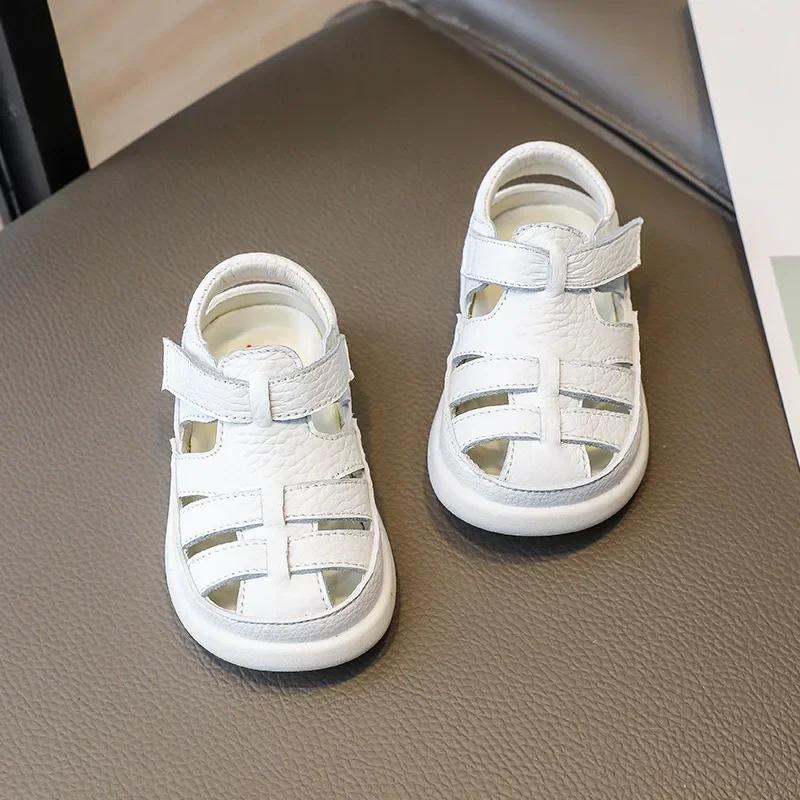 Sandales de plage coordonnantes en cuir véritable pour bébés garçons et filles, chaussures d'été déc