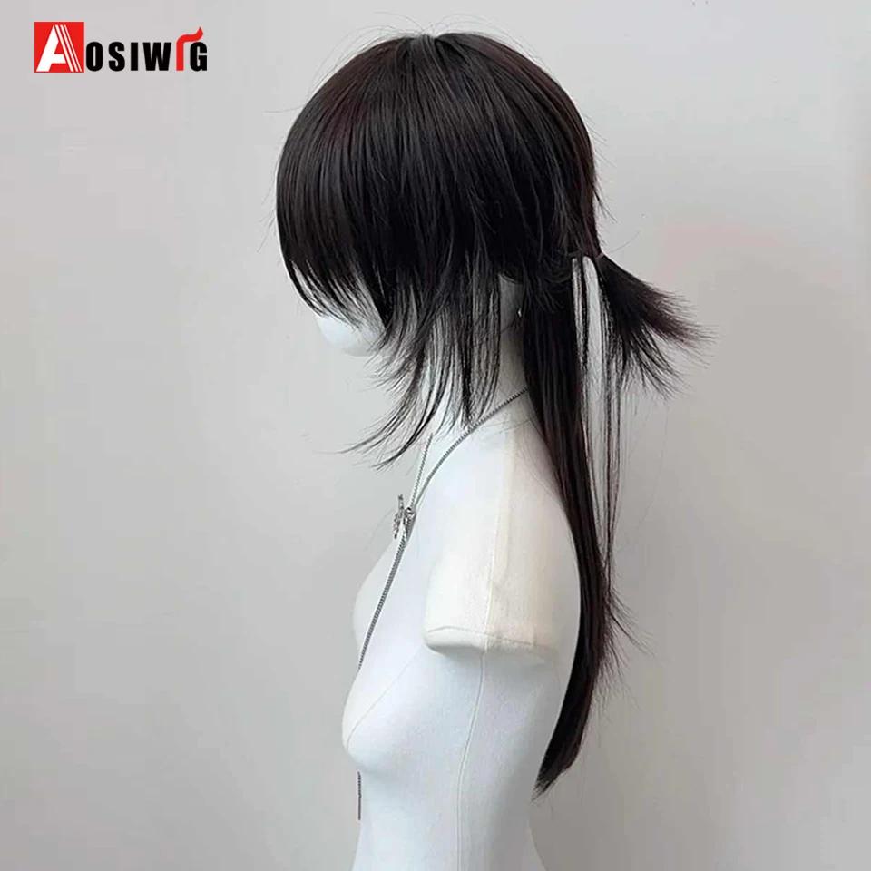 AOSI – perruque synthétique longue et lisse noire, tête de mulet, queue de loup, couches moelleuses 