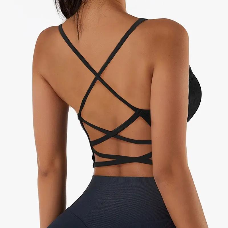 Soutien-gorge Push-Up respirant à bretelles croisées pour femme, haut court de sport, yoga et fitnes