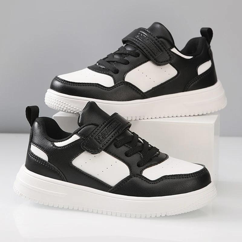 Baskets école garçons filles cuir confortables - Chaussures plates noires blanches antidérapantes pour marche