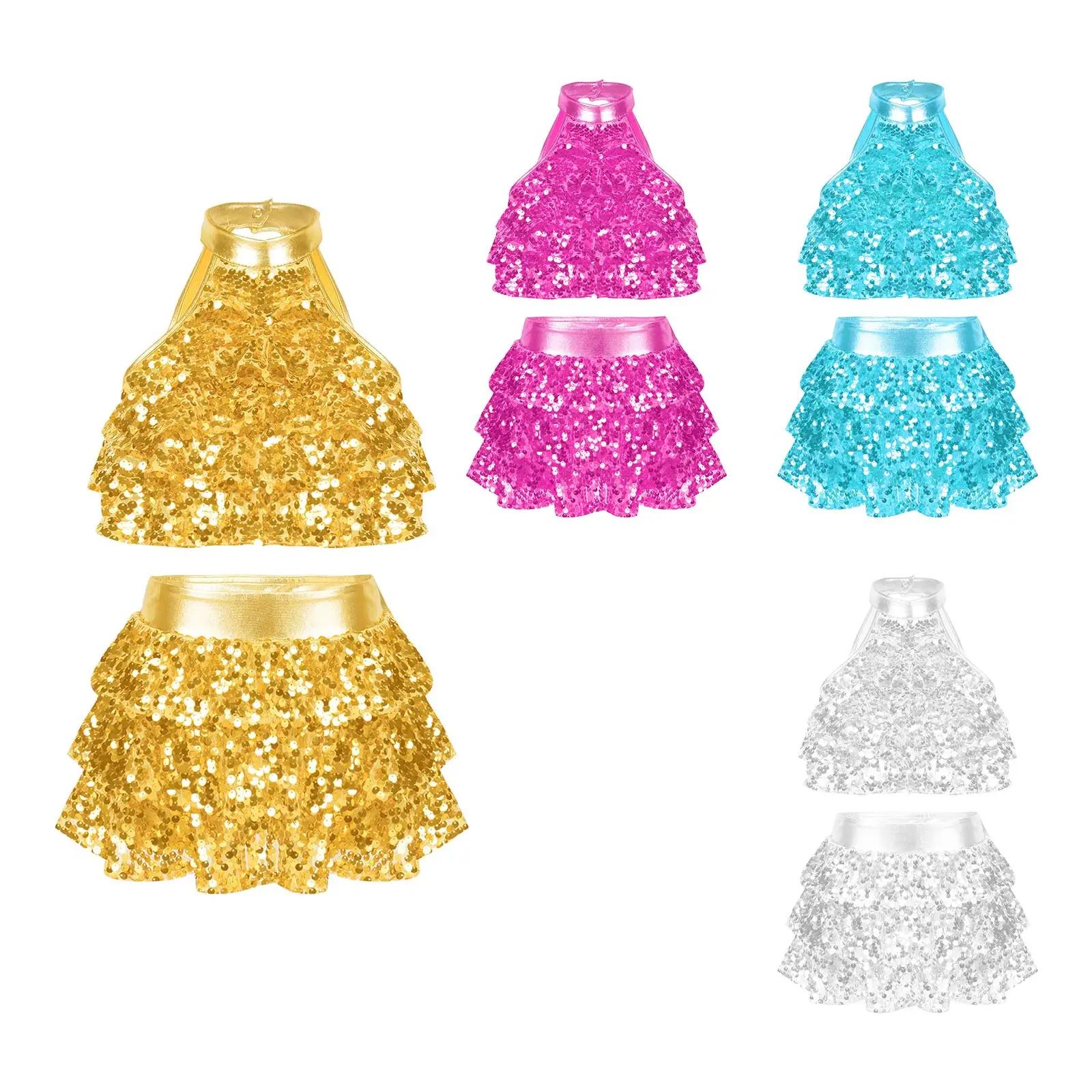 Haut court à plusieurs niveaux avec jupe pour enfants, paillettes brillantes pour filles, ensemble d