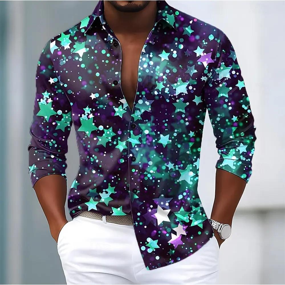 Chemise de noël à manches longues pour hommes, imprimé étoile de galaxie scintillante, boutonnée, mo