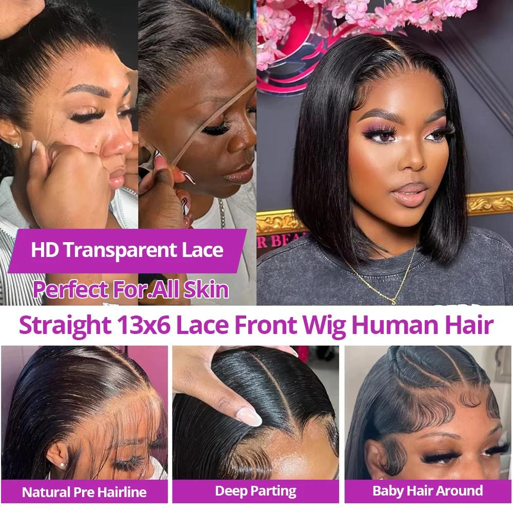 Pas de colle brésilienne HD Transparent 13x4 os droit court Bob sans colle perruques de cheveux huma