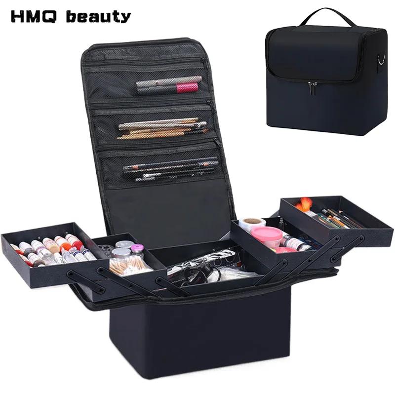 Mallette de maquillage de grande capacité, plateaux pliables multicouches réglables, boîte de manucu