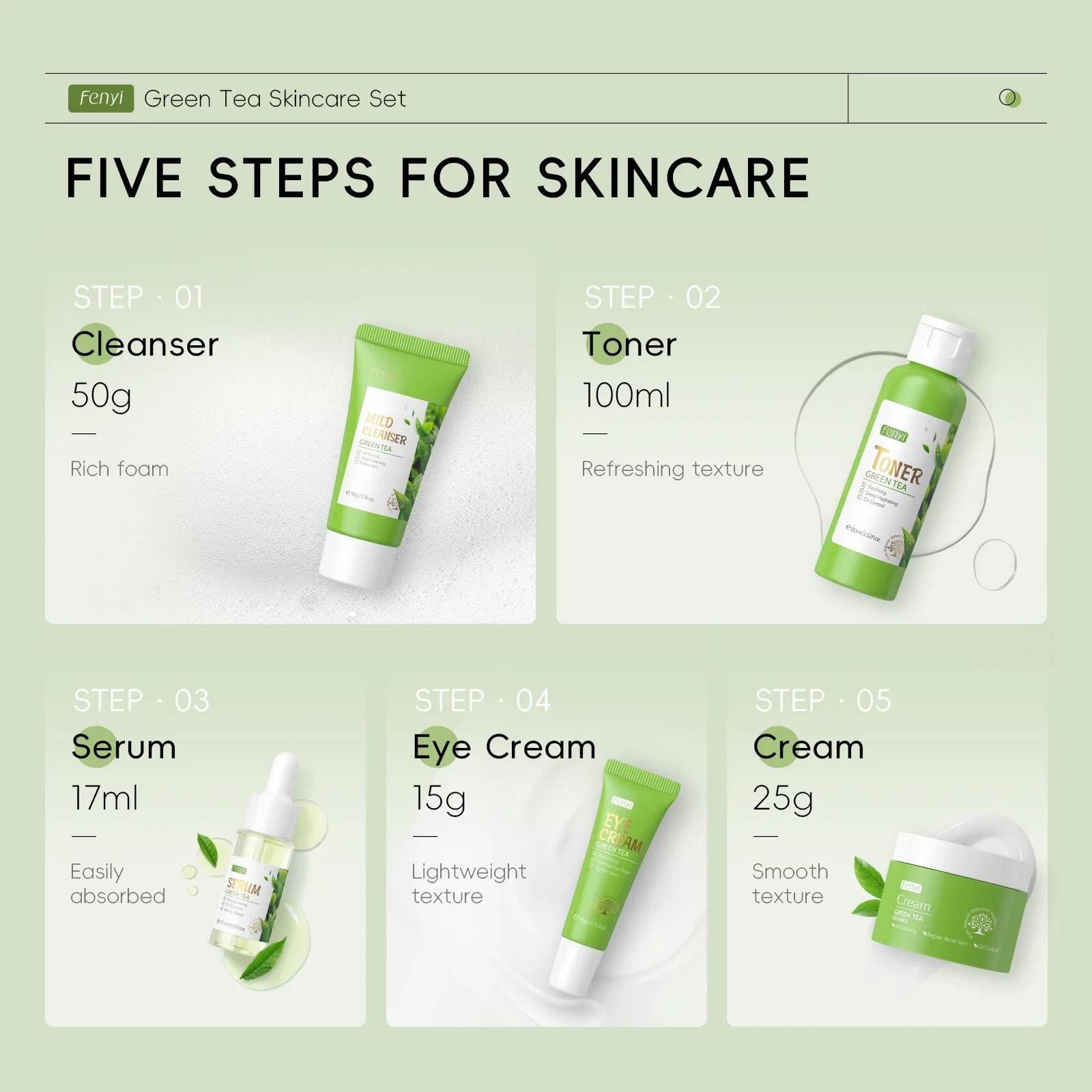 5 pièces/boîte ensemble de soins de la peau thé vert nettoyant pour le visage apaise la peau visage 